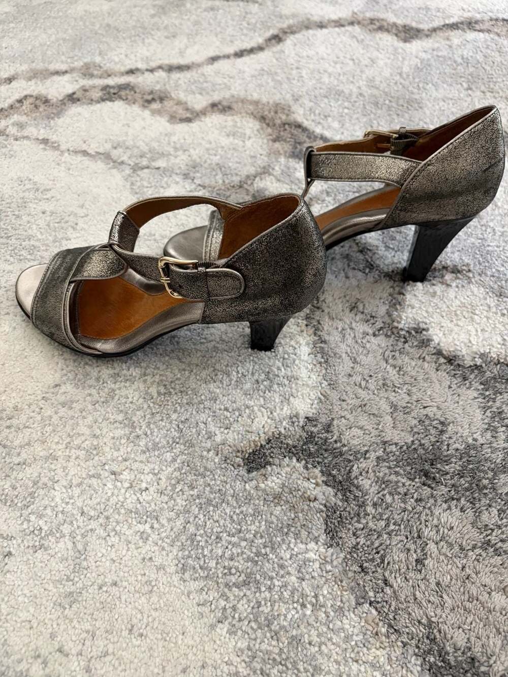 Sofft Metallic Pewter T-Strap Peep Toe Heels